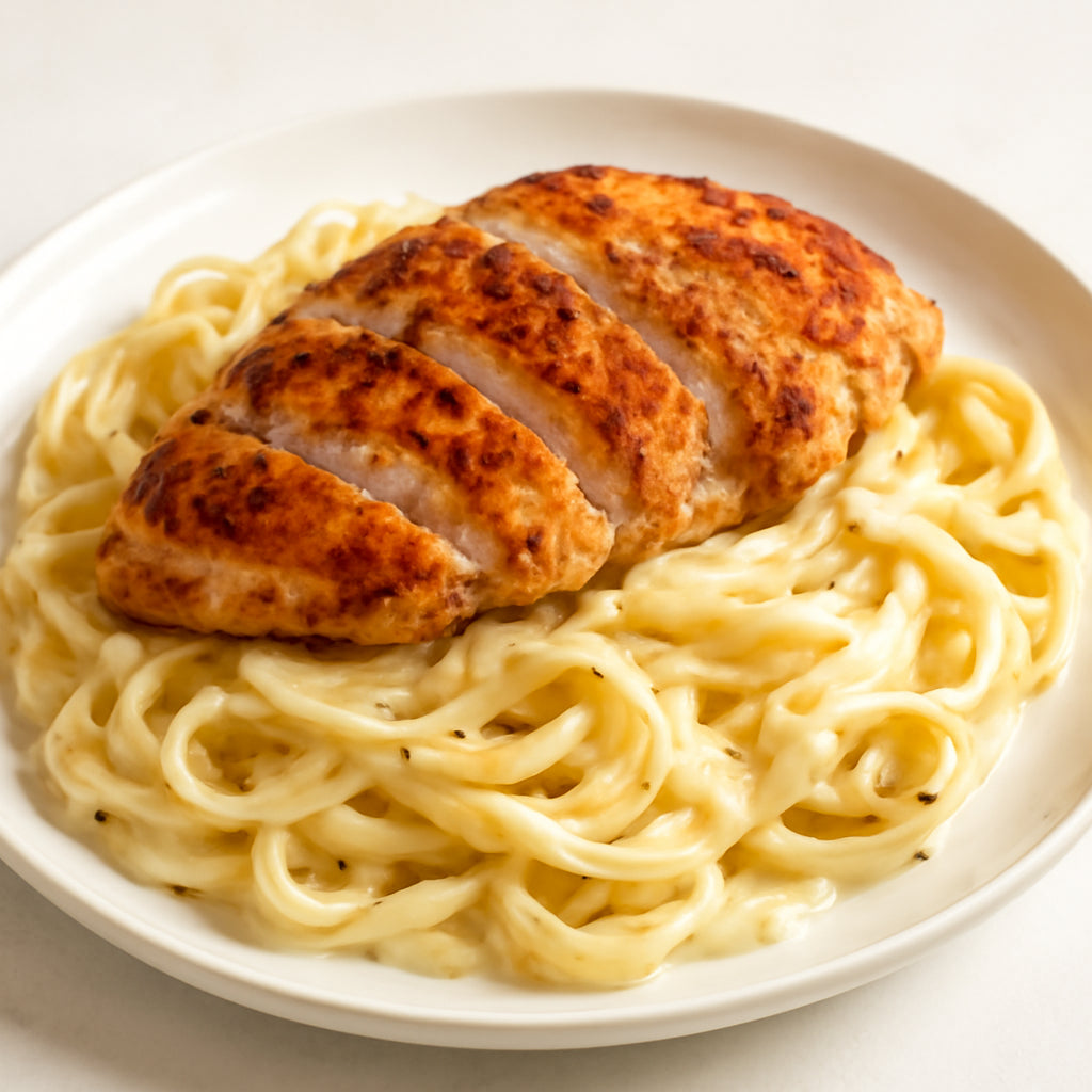 Chicken Alfredo - classic creamy parmesan alfredo sauce with fettuccine and pan-seared chicken recipe created by pantribot using RolTak AI