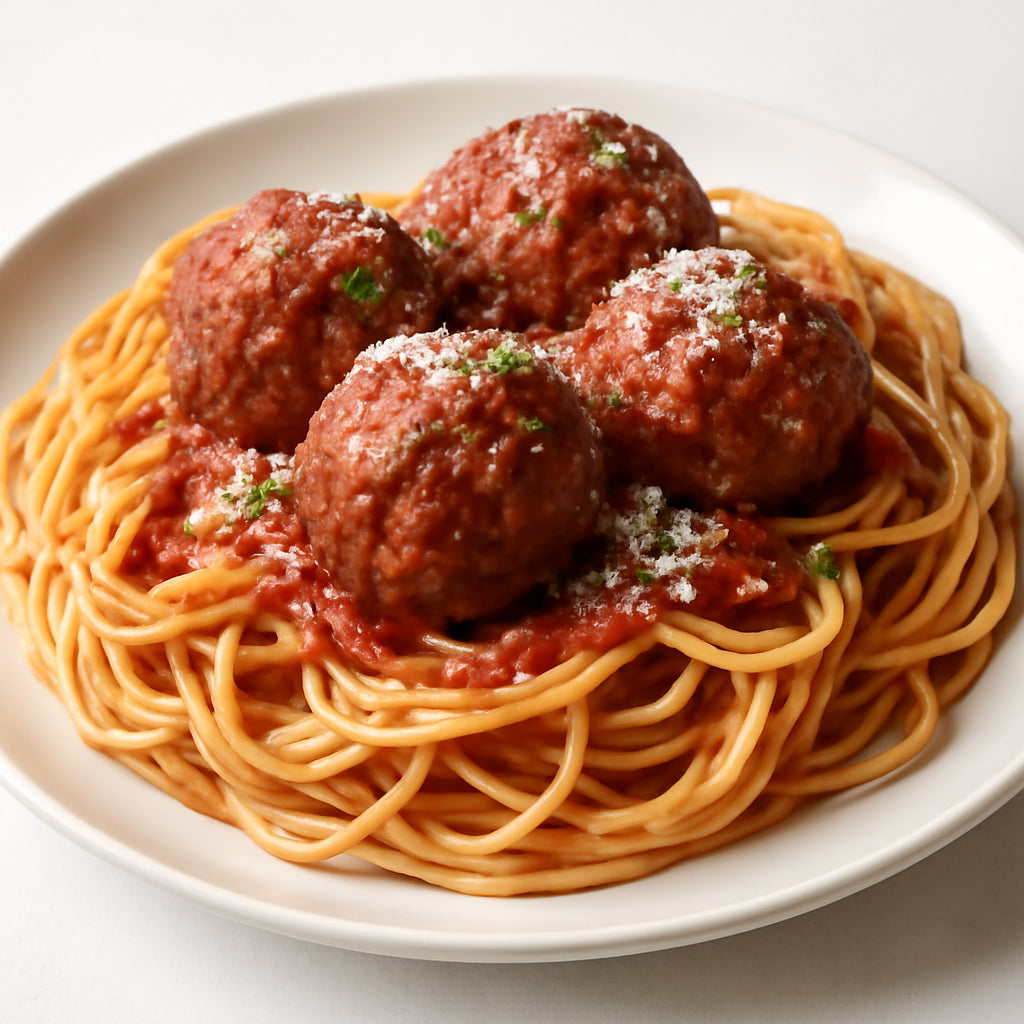 spaghetti with meatballs and parmesan recipe created by pantribot using RolTak AI